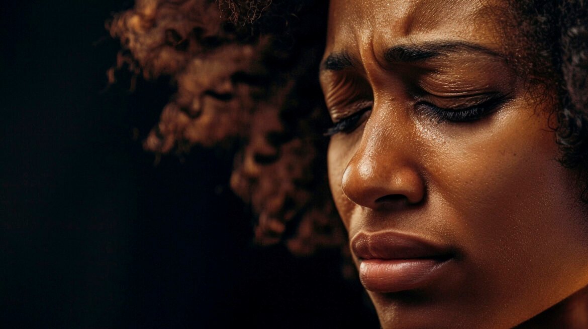 a woman with a pensive expression.