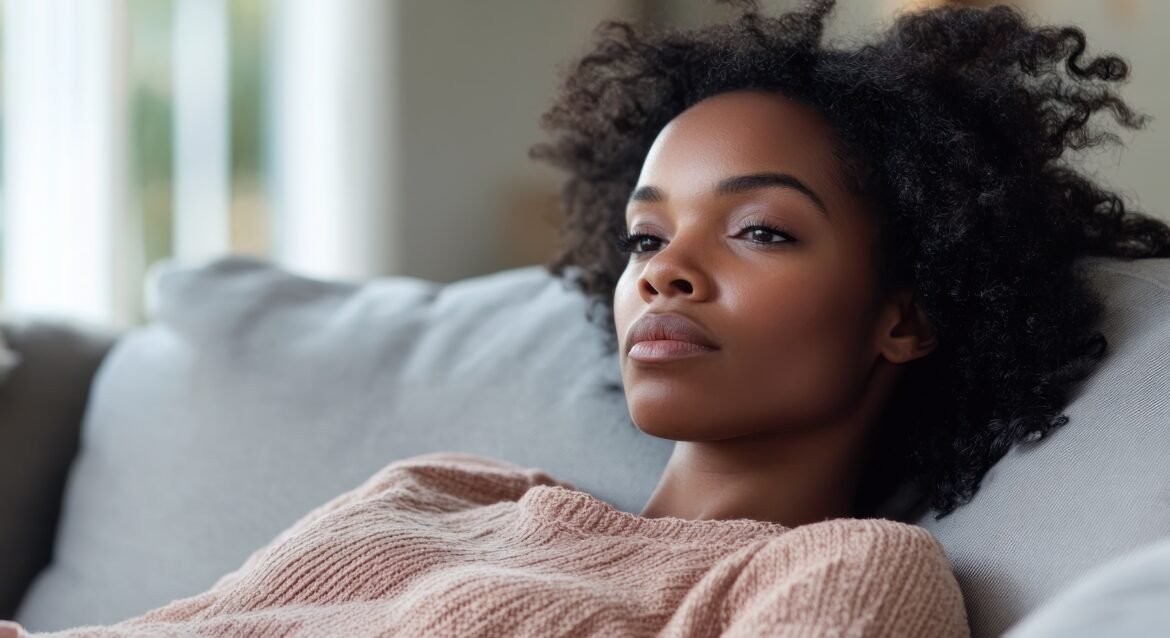Thoughtful woman relaxing on a cozy couch.